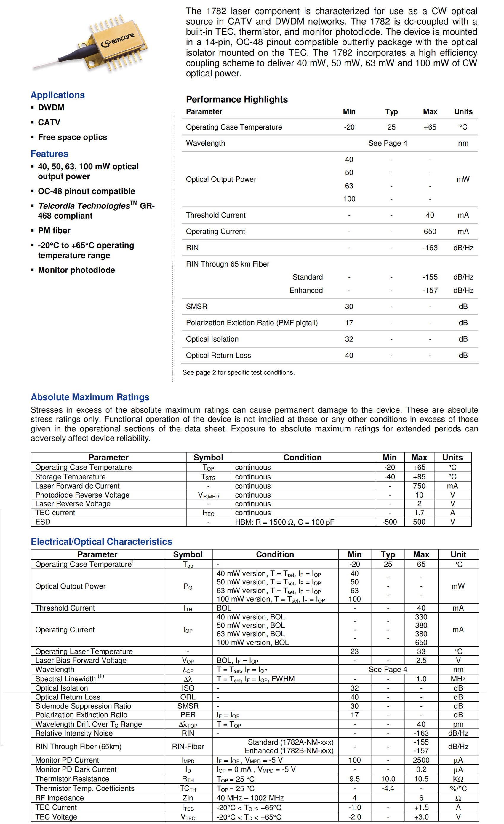 ITU High Power CW Source Laser DFB EMCORE 1782A