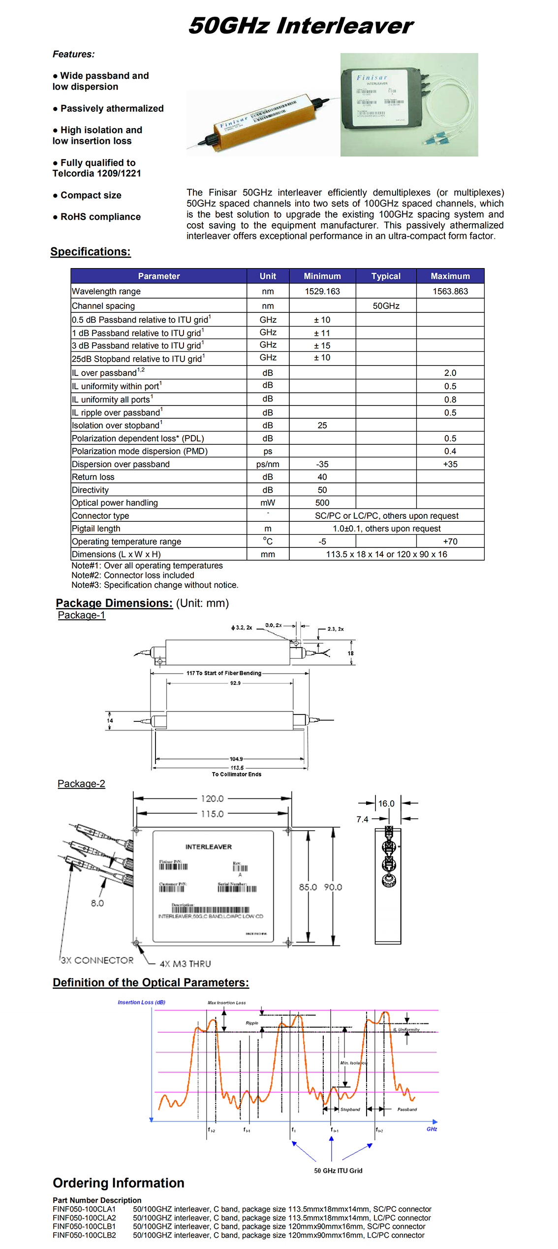 C-Band 50GHz Interleaver  Finisar FINF050-100CLA