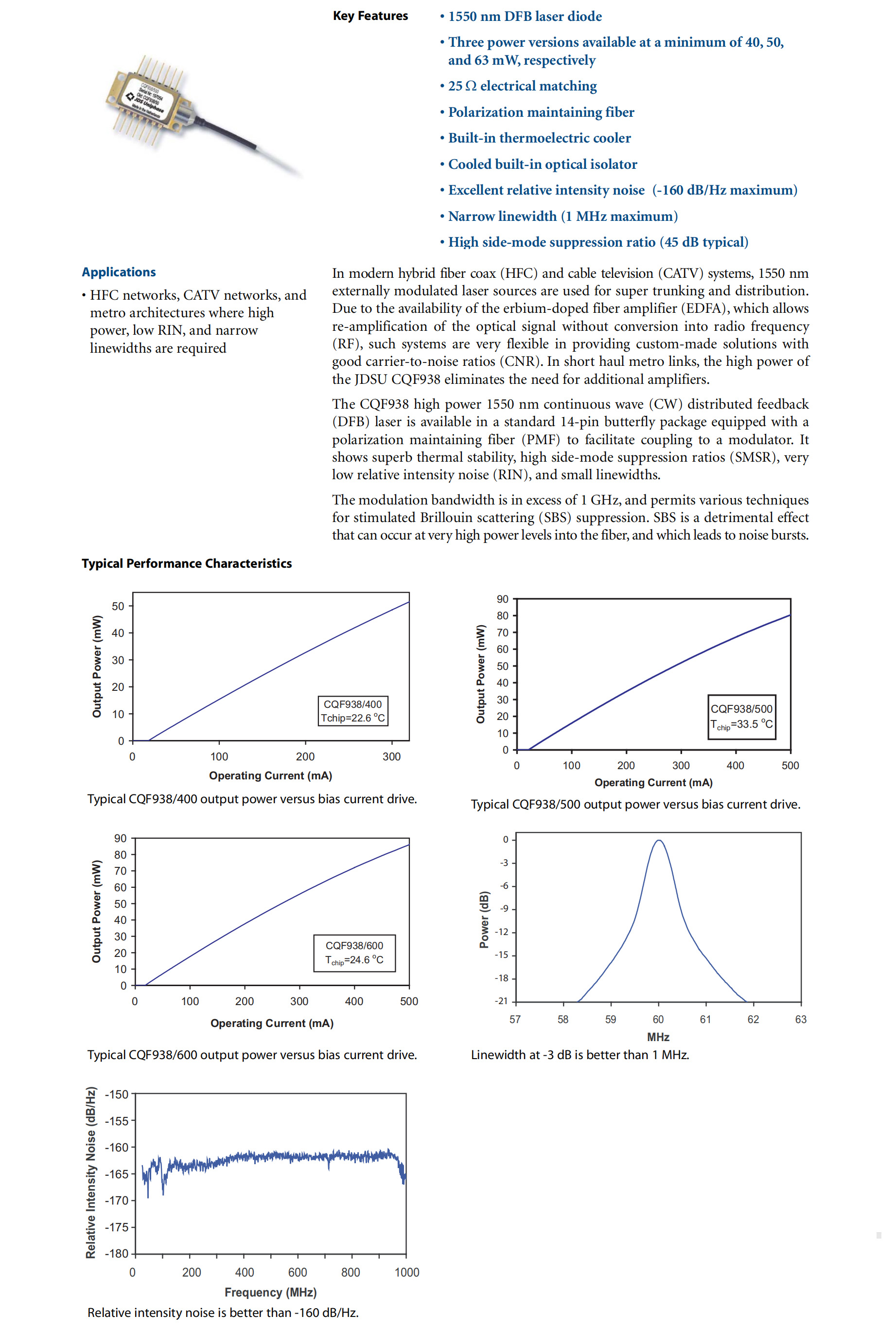 High Power 1550nm ITU CW DFB Lasers JDSU CQF938/500