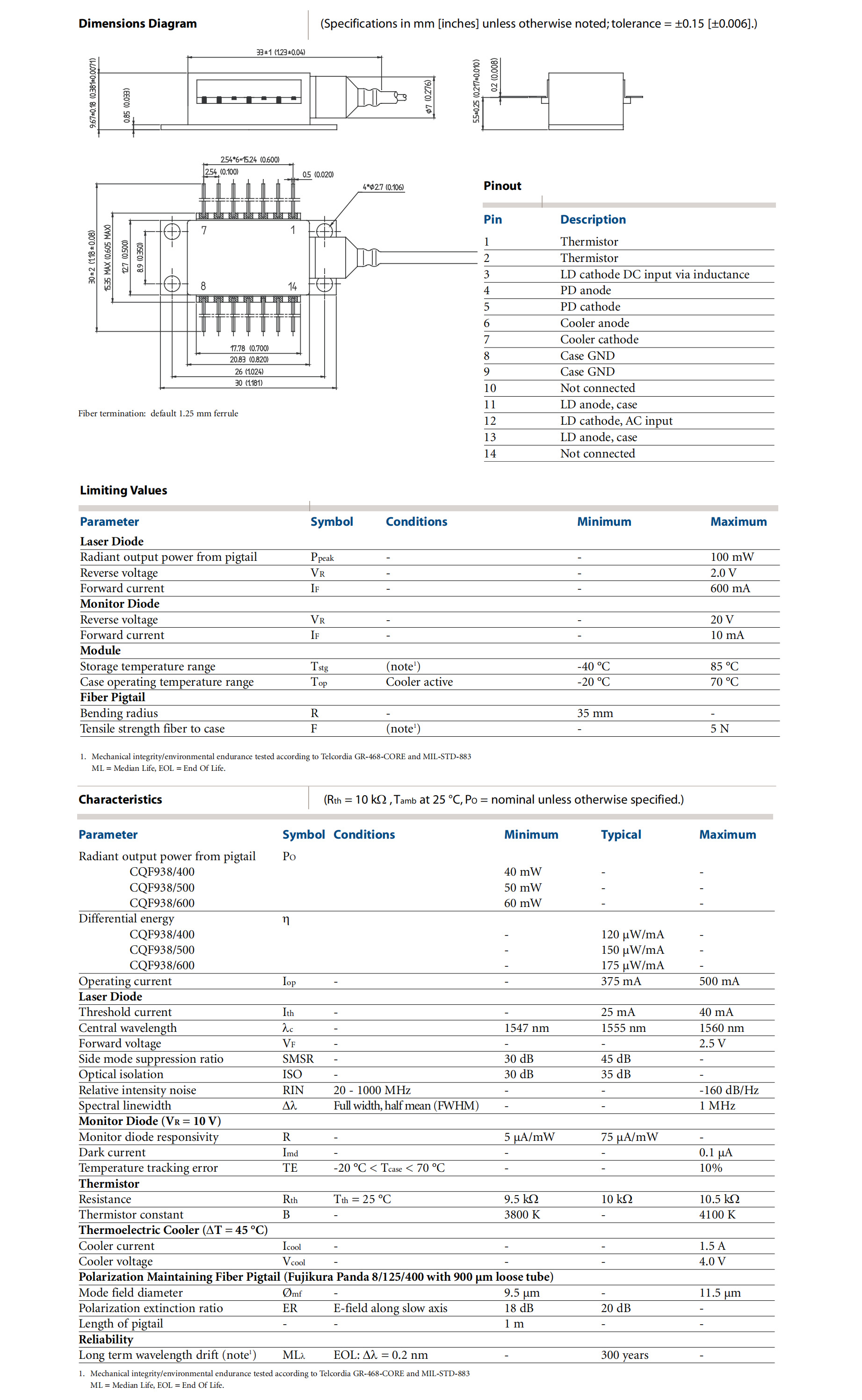 大(dà)功率激光(guāng)器 High Power 1550nm ITU CW DFB Lasers JDSU CQF938/500