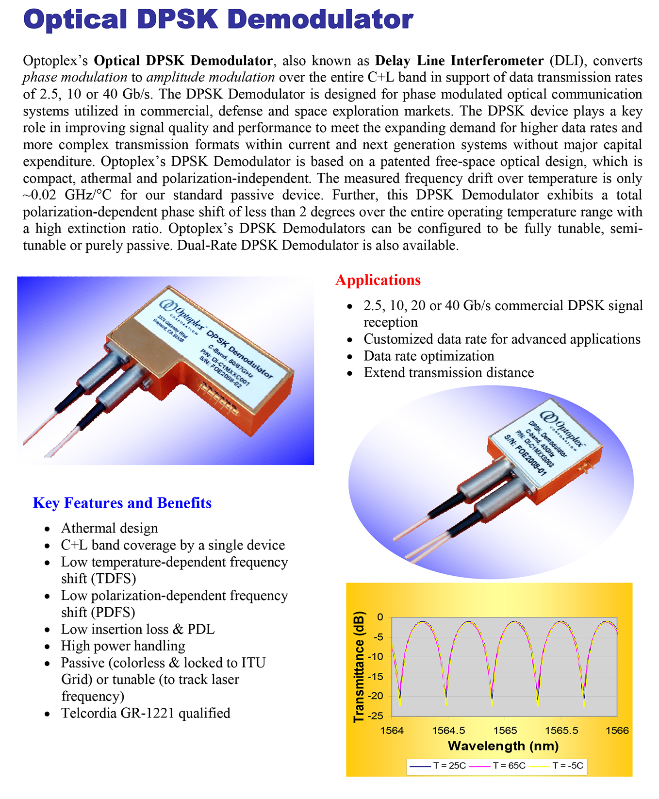 67GHz DPSK Demodulator  Optoplex DI-C1MLCS010