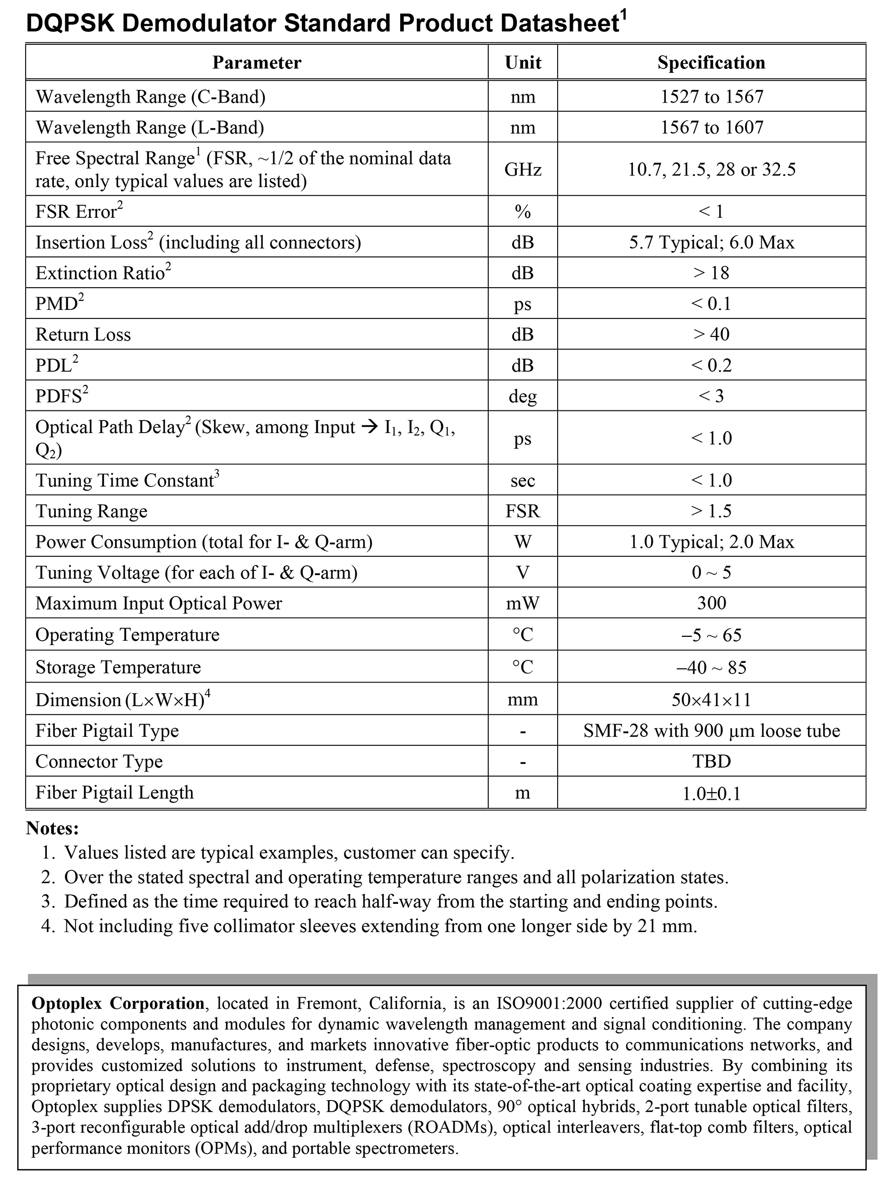 21.9GHz DQPSK 光(guāng)纖解調器 Demodulator  Optoplex DI-C0KLCC002