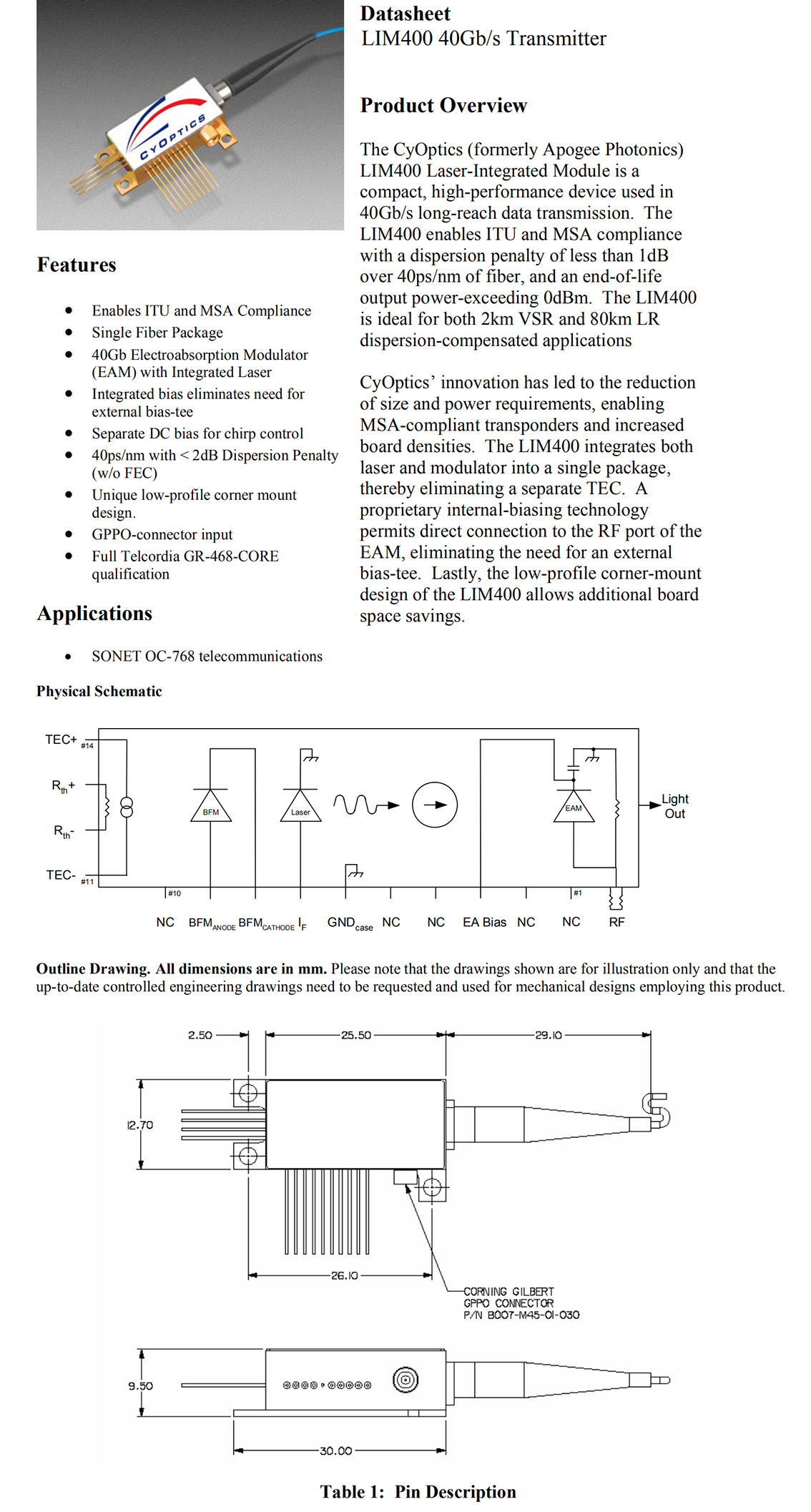 40G EML  Cyoptics LIM400 Electro-absorption Modulated Laser