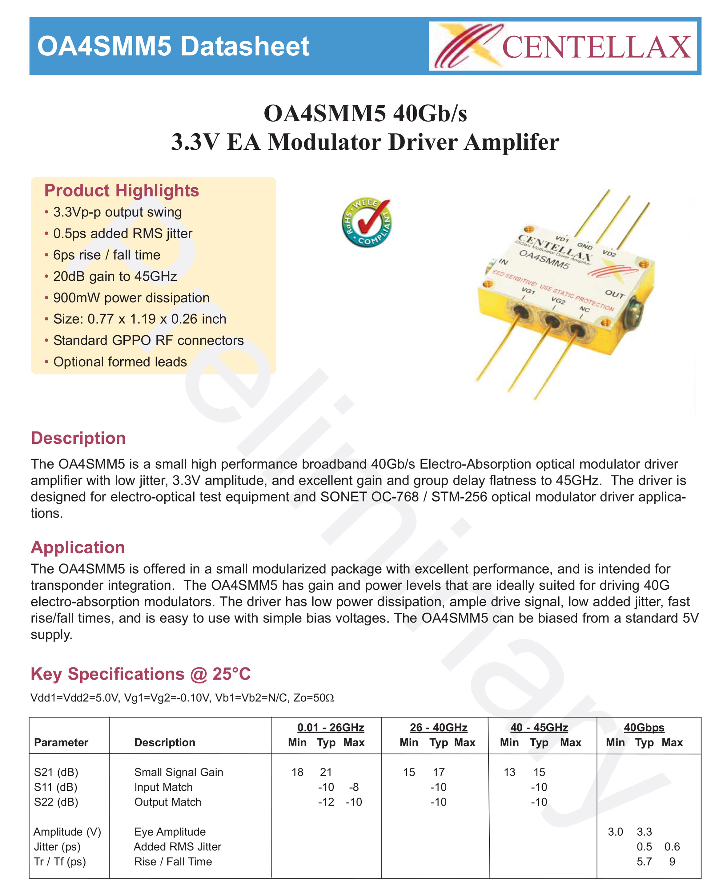 40G LiNbO3 Modulator Driver CENTELLAX OA4SMM5 3.3V RF Amplifier