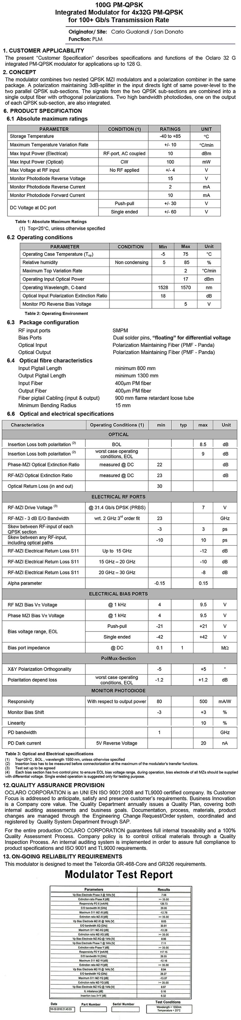 100G IQ-QAM 铌酸锂調制器 Modulator  Oclaro PM100系列