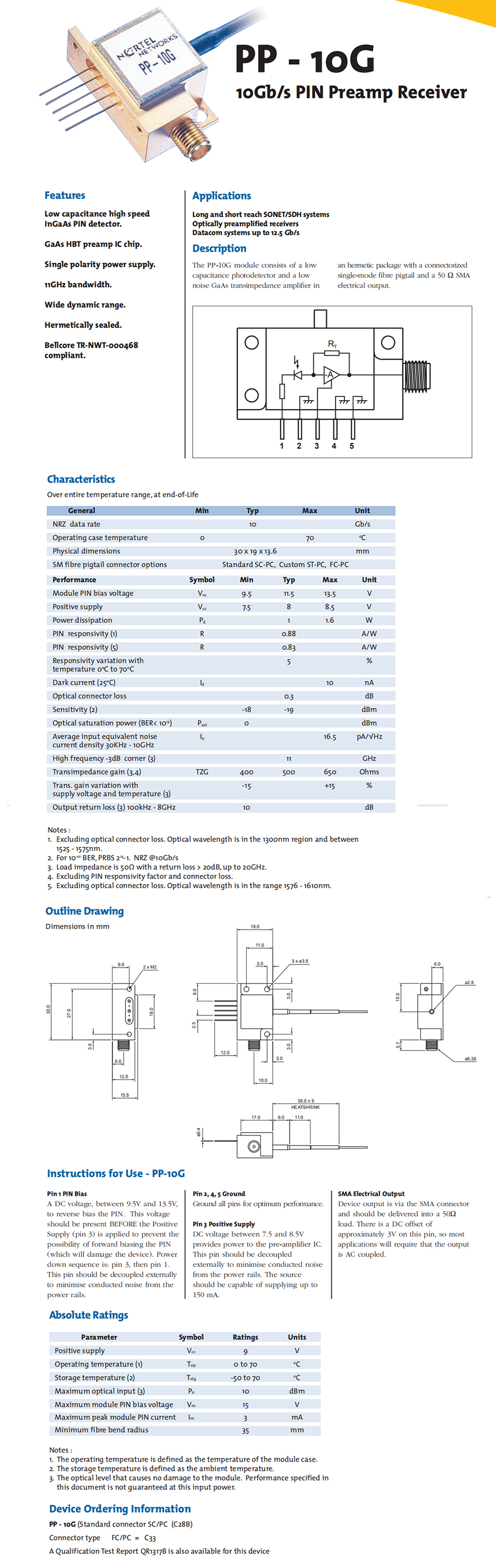 10G Photodetector PP-10G Nortel（BOOKHAM/Oclaro）