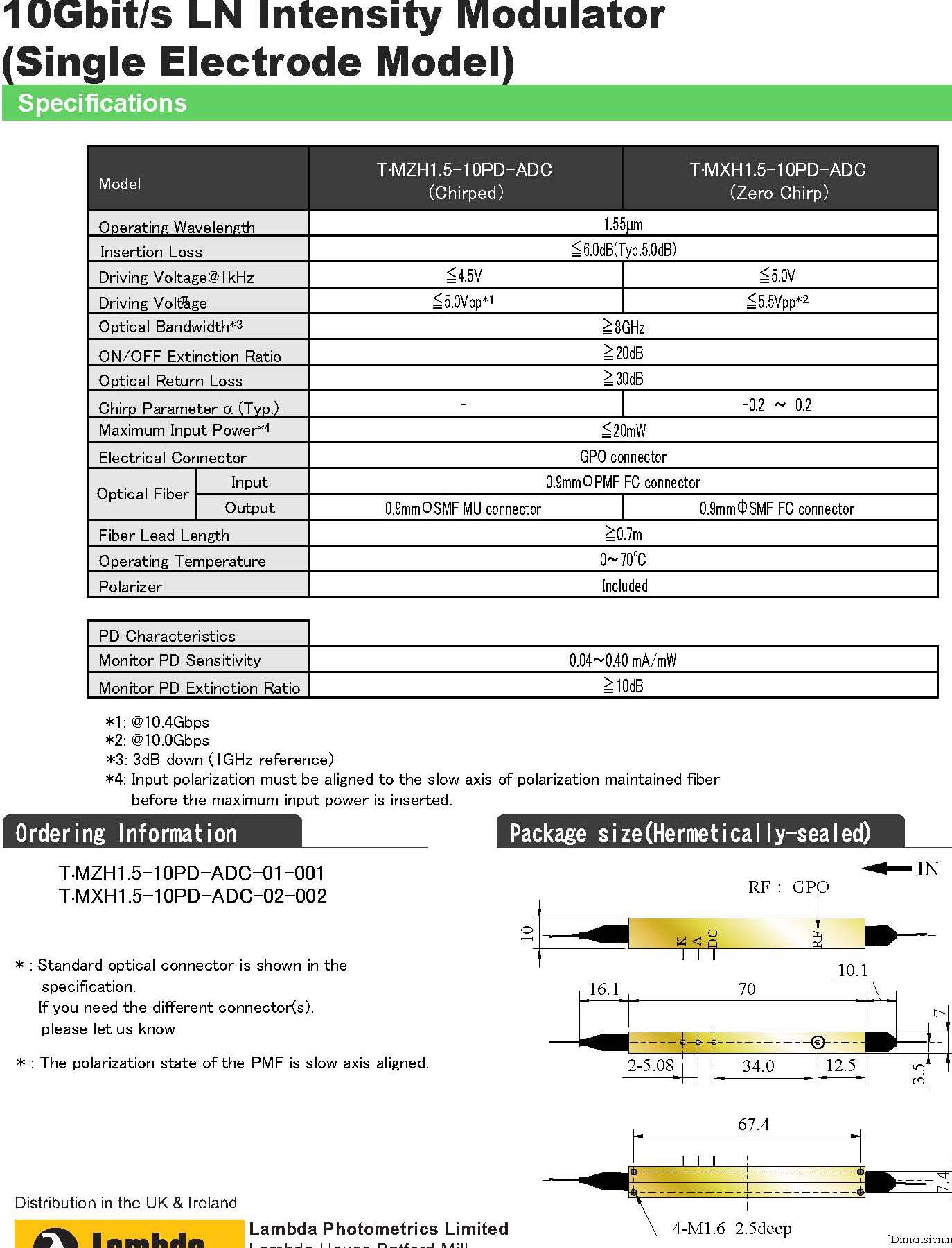 10G 铌酸锂強度調制器 Intensity Modulator Sumitomo T.MXH1.5-10PD-ADC