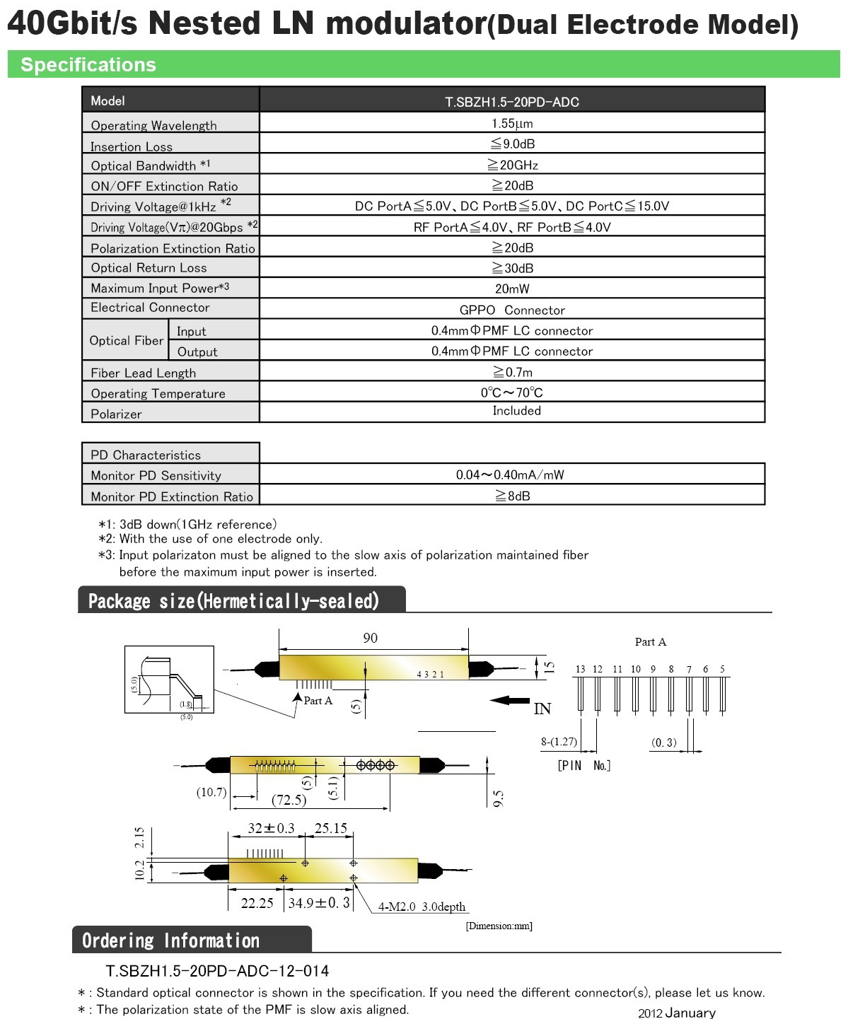 40G IQ/QAM 铌酸锂調制器 Modulator Sumitomo T.SBZH1.5-20PD-ADC  Dual Drive Modulator