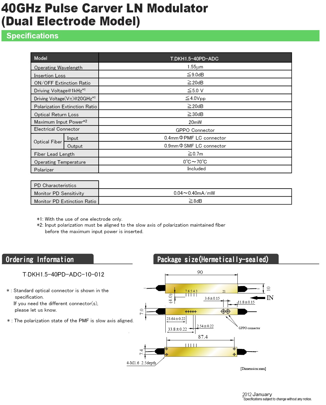 40G 強度調制器 Intensity Modulator Sumitomo T.DKH1.5-40PD-ADC